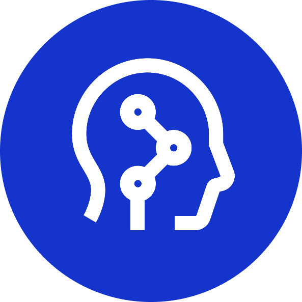 Blue outline of a human head with three connected gears inside