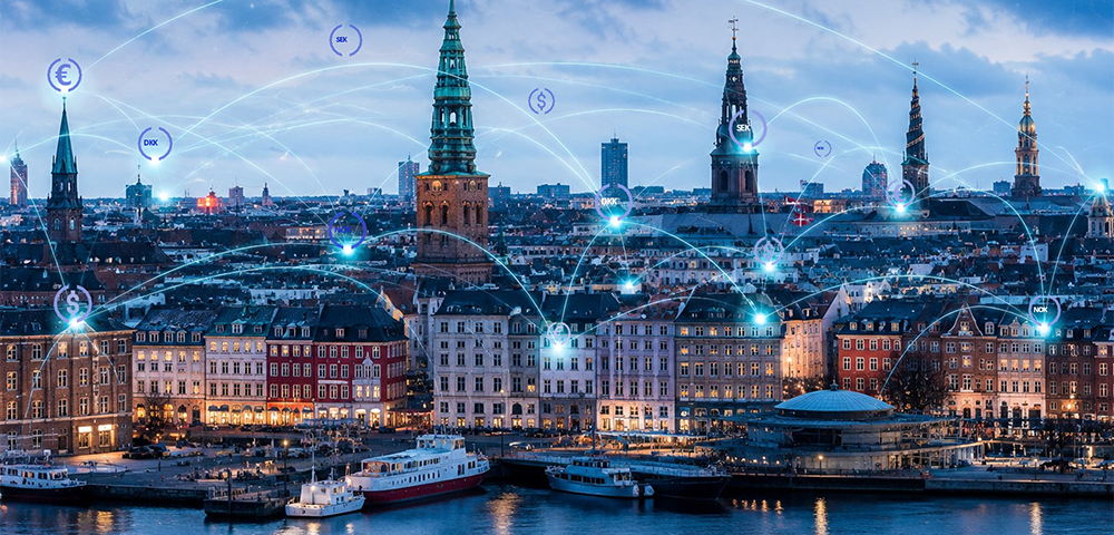 Digital currency network over city skyline