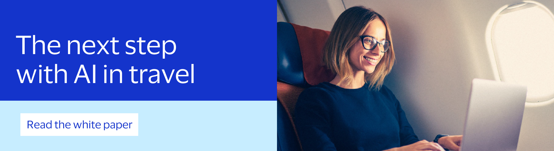 Smiling woman using a laptop on an airplane with text promoting a white paper on AI in travel.
