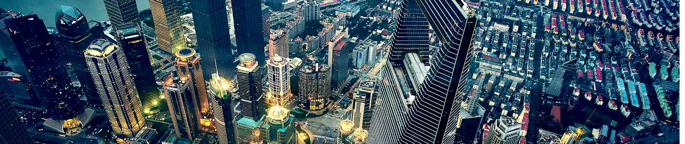 Aerial view of a modern city skyline at night