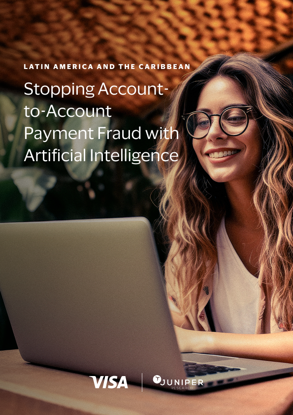 Smiling woman with laptop – Visa & Juniper report on AI fraud prevention.