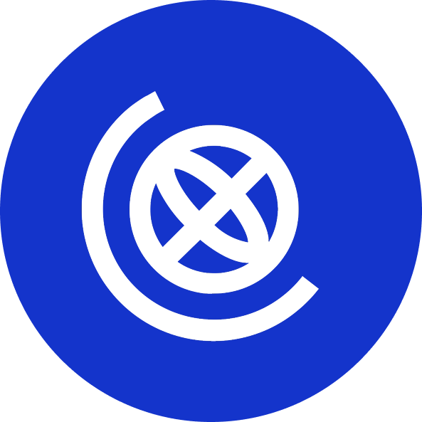 Blue circular arrow surrounding a globe