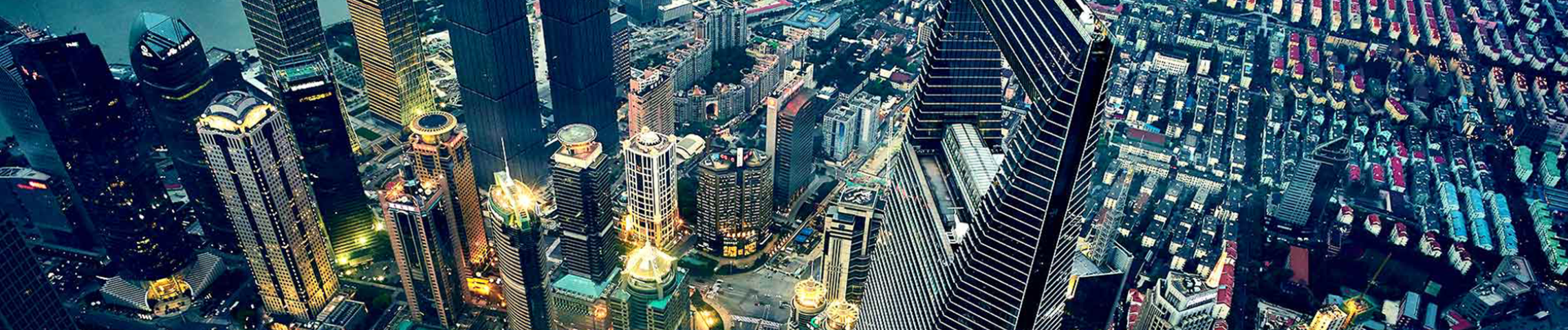 Aerial view of a city skyline along a river