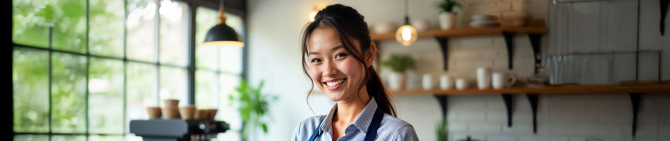 Smiling barista standing behind a café counter holding a tablet