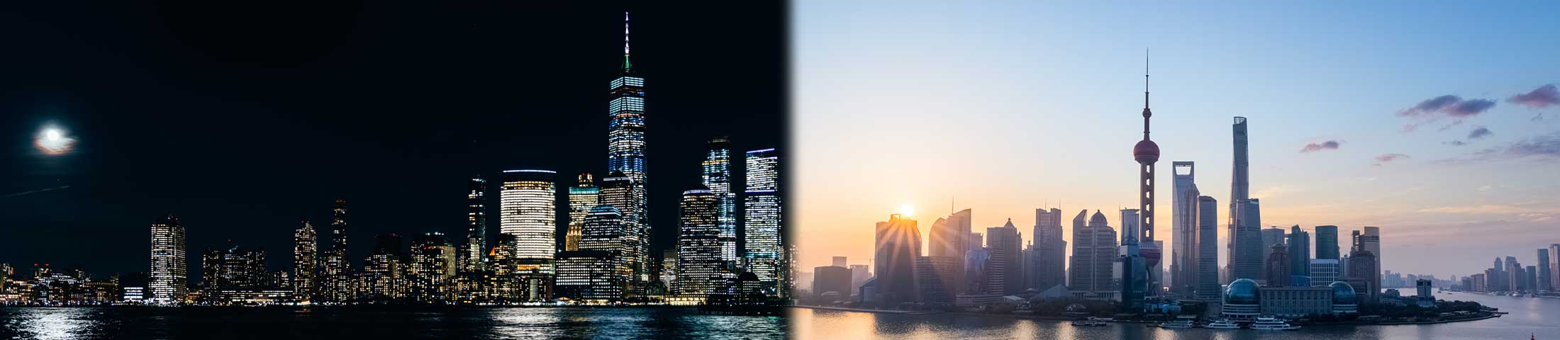 Shanghai skyline at sunrise over Huangpu River